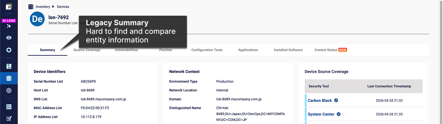 An example legacy entity Summary tab