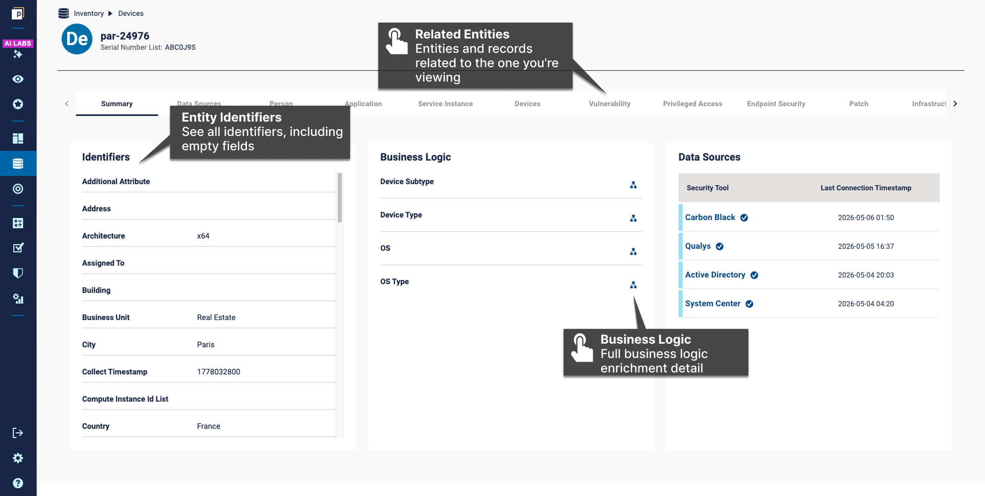An example Device entity viewer