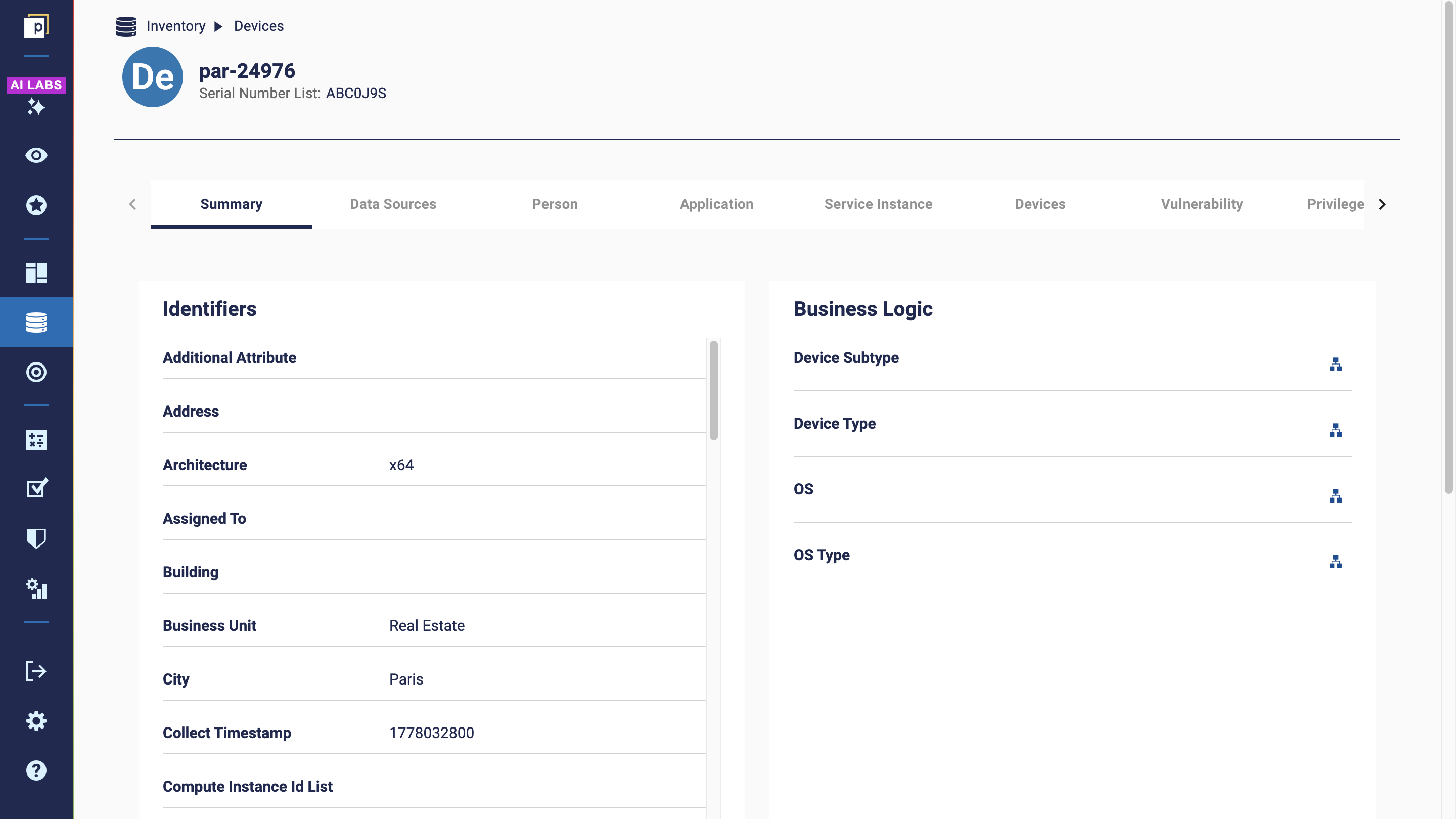 An example Device entity details page