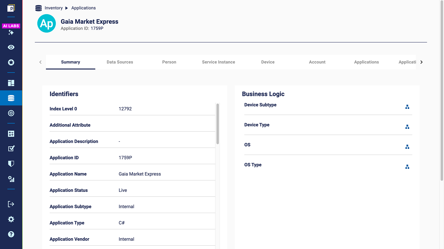 An example Applications entity details page