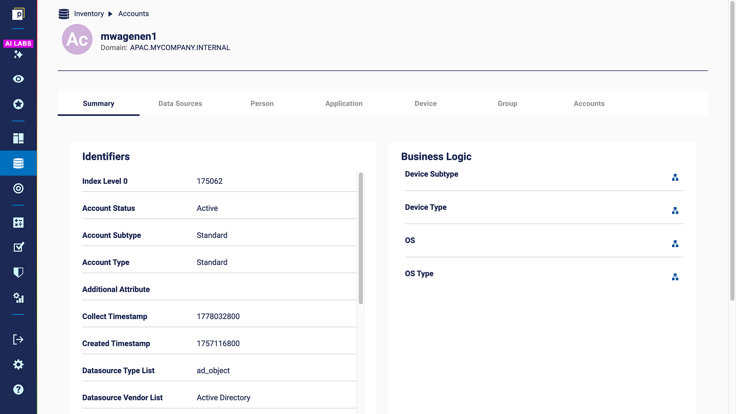 An example Accounts entity details page